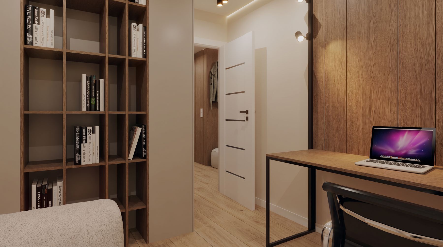 Zabudowa gabinetowa z regałem na książki i biurkiem w apartamencie